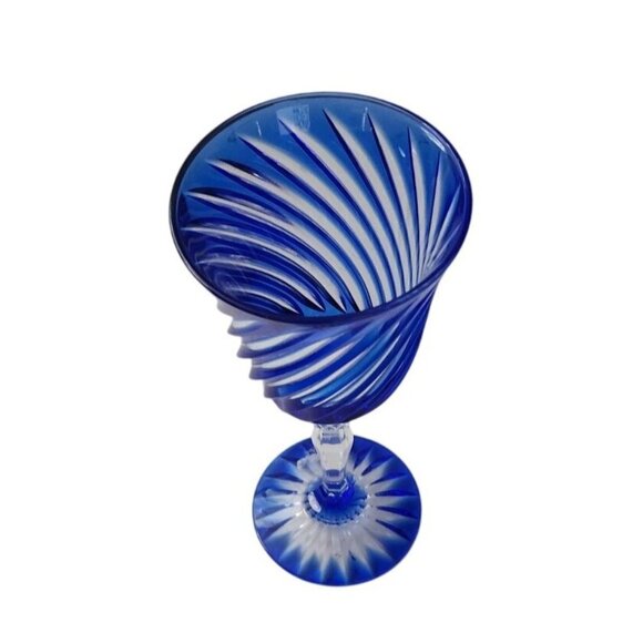 Vtg Cristal D’Arques Durand Valse Cobalt 7” Wine Glass Blue Swirl Cut to Clear - Picture 2 of 7